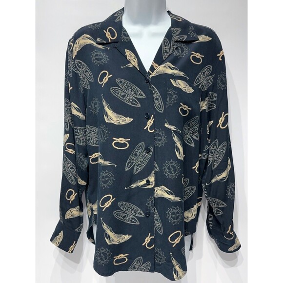 VTG Ralph Lauren Nautical 100% Silk Top Long Roll Tab Sleeve Navy Blue Size PM - Picture 1 of 13